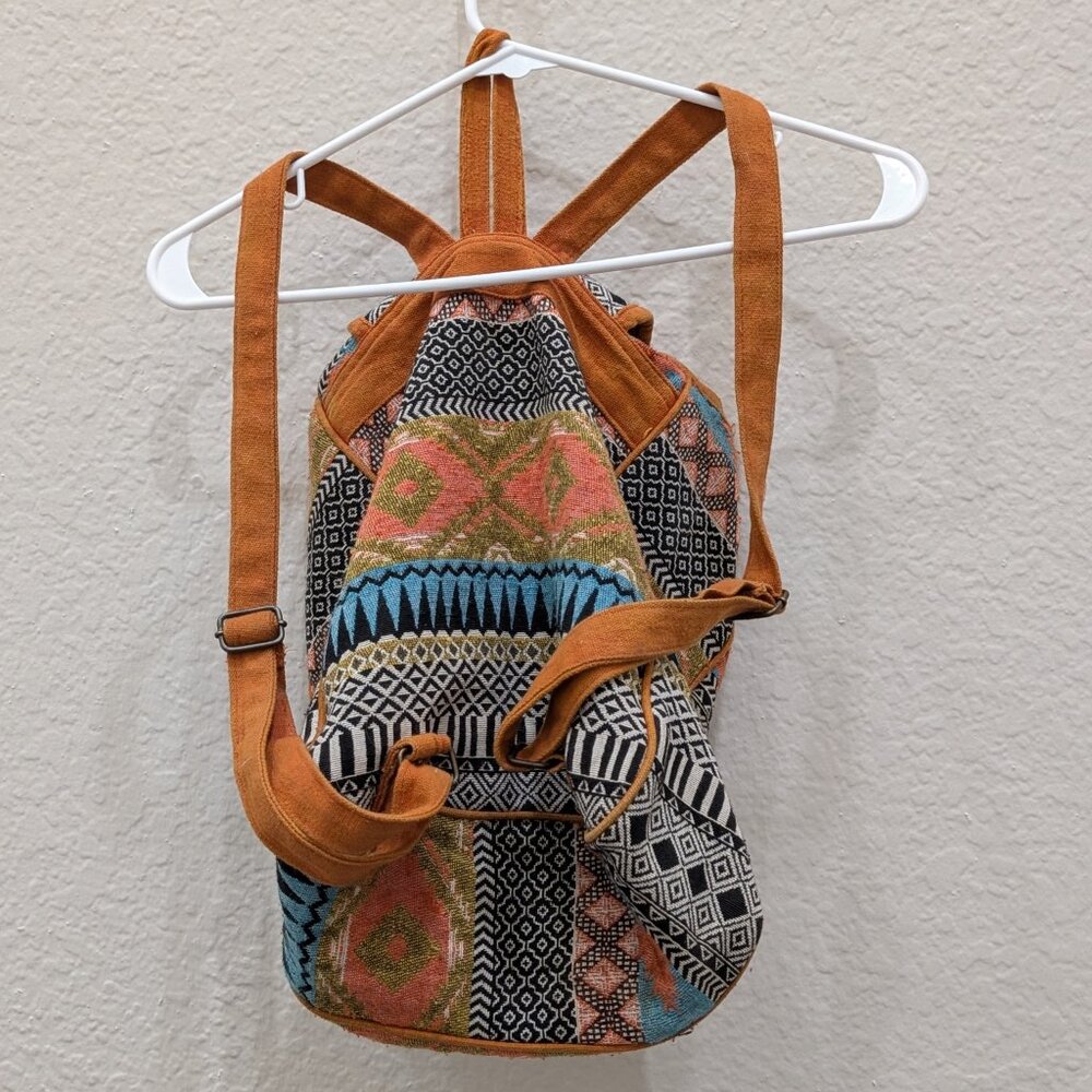 Boho Aztec hippie backpack with drawstring buckles, woven tribal‎ hippie - Picture 2 of 7